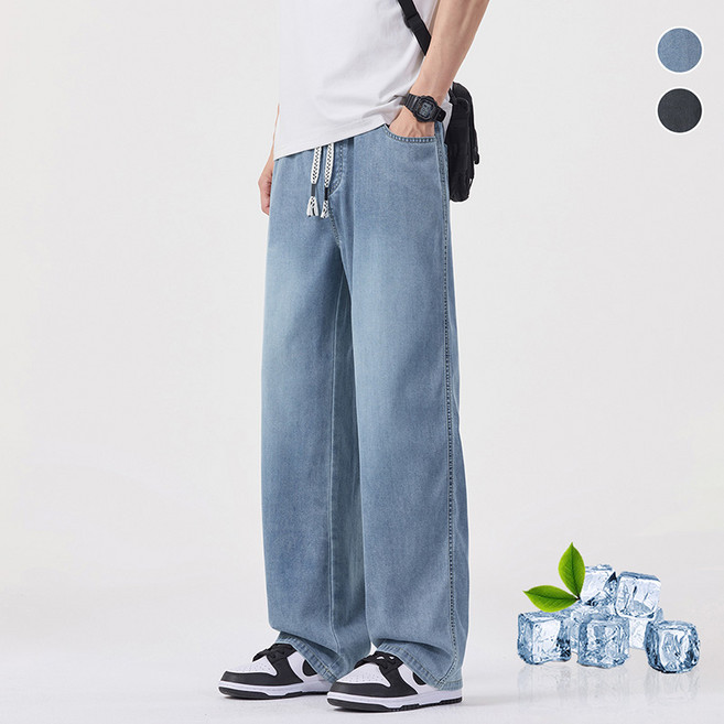 wassup 남자 청바지 여름 얇은 텐셀 청바지 스판 와이드 통바지 빅사이즈 밴딩청바지