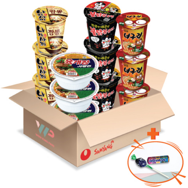 농심 삼양 컵라면 소컵 4종 혼합세트 육개장사발면 3컵+너구리 3컵+나가사끼짬뽕 3컵+불닭볶음면 3컵 총 12컵입 미니 멘토스+투시팝 사탕 사은품 2종 증정, 1개