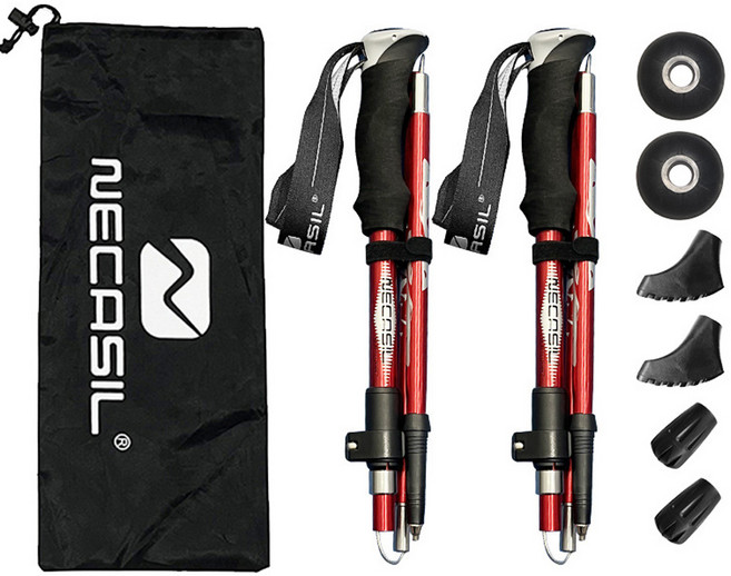 플랜메이 초경량 접이식 듀랄루민 7075 네카실 등산스틱 2개 세트 노르딕워킹 캡 증정, 레드