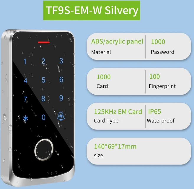 야외 액세스 제어 키패드 시스템 키트 방수 RFID 125KHz NFC 전기 잠금 장치 스트라이크 함께 작동, 02 TF9S-EM-silver