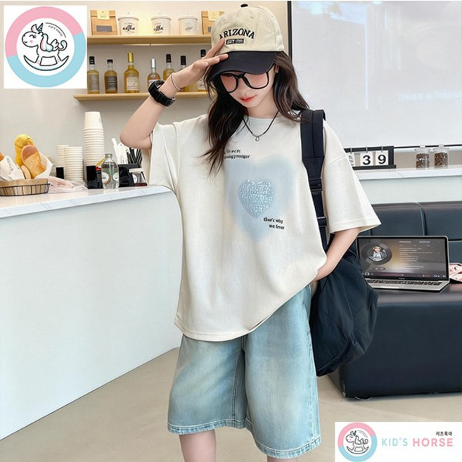 키즈목마 여름 여아 상하 세트 초등학생 반팔티 주니어 반바지 러블리 캐쥬얼 루즈핏 청바지 상하복 세트 585