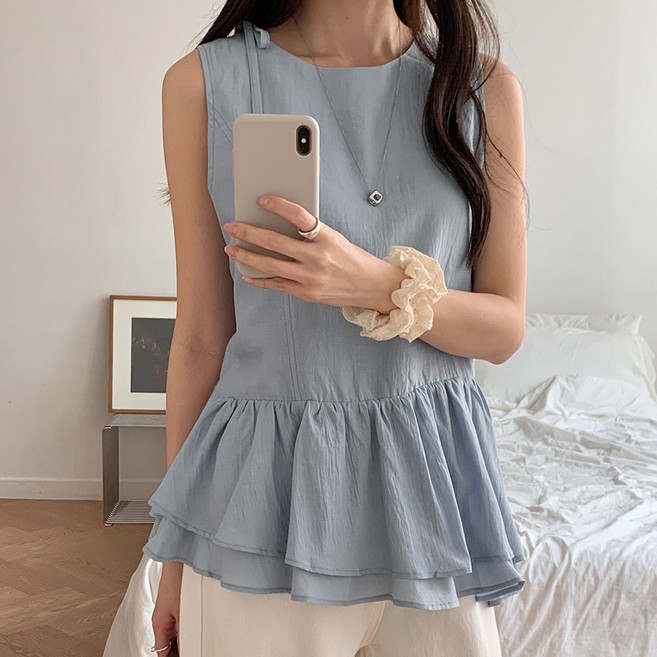 [SML/양면착용] 여성 하객룩 출근룩 여리핏 민소매 프릴 언발란스 블라우스