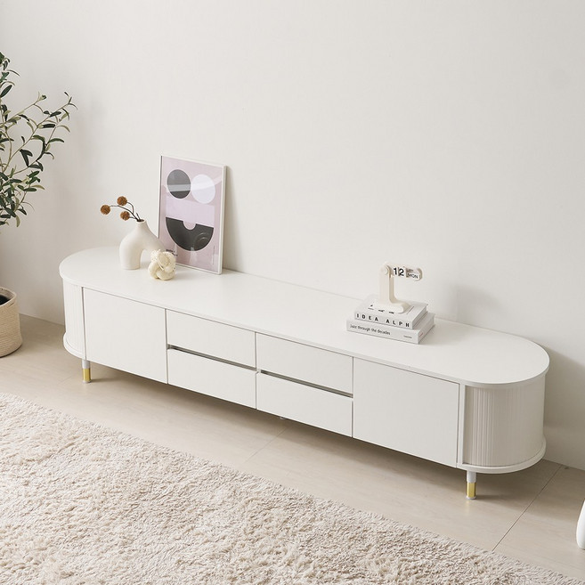 클라라 라운드 타원형 2000 템바보드 거실장 E0 TV다이, 화이트