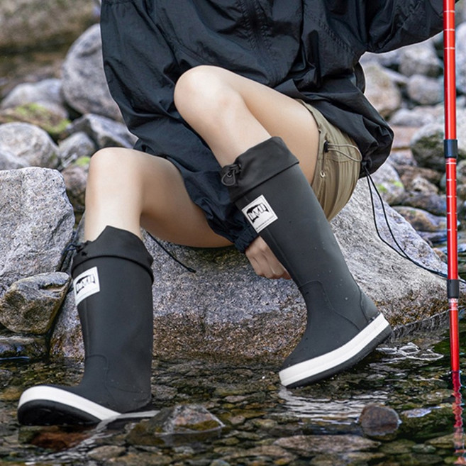 TIMEPURE 커플용 장화 두꺼운 밑창 하이탑 패션 레인부츠 캠핑용 방수 미끄럼방지 아웃도어 워킹 조임끈 디자인 여울 낚시 워터슈즈