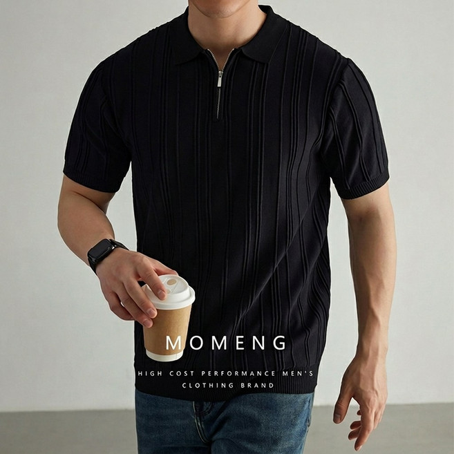 ANYOU 남성 여름 슬림핏 스트라이프 니트 베이직 반팔 티셔츠