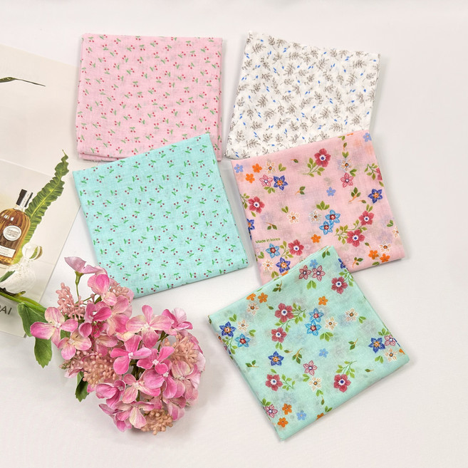 아사면 손수건 5매 1세트 여성 플라워 거즈 목 손수건 데일리 휴대용 선물용 쁘띠 등산 두건 미니스카프
