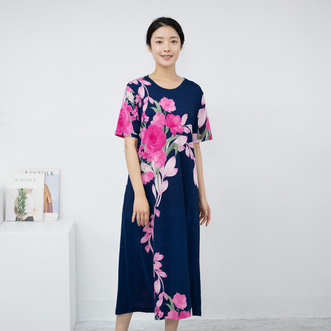 모슬린 엄마옷 큰꽃 반팔 롱홈웨어원피스 614FGH078 마담/중년여성/빅사이즈/50대/60대