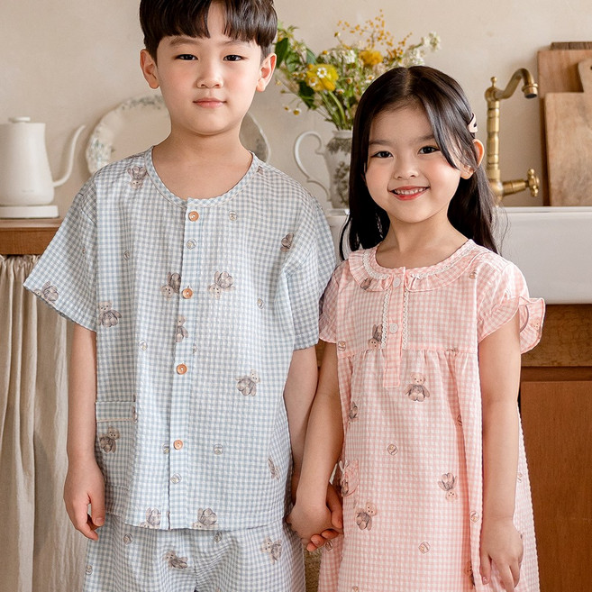 국산 키즈 아동 허니베어 체크 반팔 잠옷 상하복 원피스 속바지포함