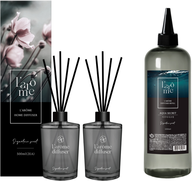 라홈 실내용 디퓨저 510ml 2p + 라홈 1050ml 대용량 리필오일, 1개, 2.07L, 아쿠아시크릿