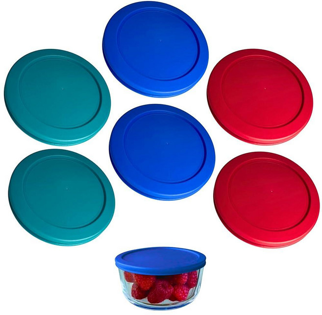 Klare Ware Pyrex 7201-PC용 4컵/950mL 터키석 블루 레드 교체 뚜껑/커버 Anchor Hocking & KlareWare 보관 그릇 *뚜껑만 포함, 6 Pack, Turquoise, Blue, Red