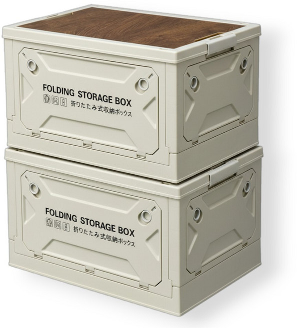 스토리지 오픈 도어 캠핑 폴딩박스 56L 우드 상판 테이블 대용량, 아이보리, 1단, 2개