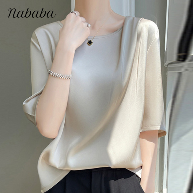 나바바 NB2825 여성 세련미 실크 무지 라운드넥 5부 블라우스