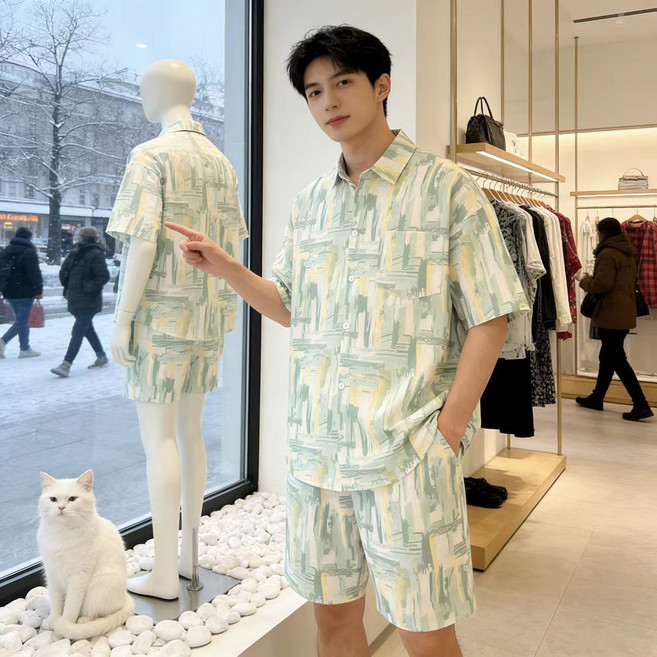 夏天 襯衫兩件套 時尚潮流休閑套裝, 1個, 綠色 重磅200克套裝4XL 建議180-200斤