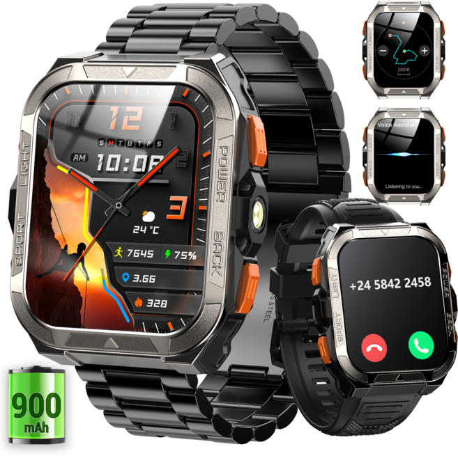 IOWODO W80 Pro 아웃도어 GPS 스마트워치 메탈 스트랩 1.91인치 대형 디스플레이 블루투스 통화 나침반 2.0 LED 손전등 IP68 방수 한국어 버전, GPS + 블루투스, 4.6cm, 검은색