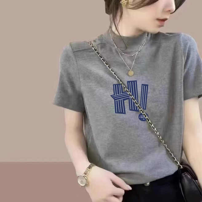 여성 반팔 반폴라티 빅사이즈 순면 슬림핏 프린트 반팔 티셔츠 데일리 여름 여자 반목 반팔티 YJW