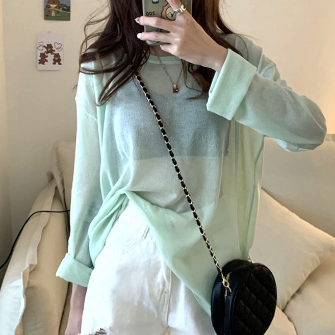 네모엔룩 여리박시시스루 여성 박시핏 시스루 레이어드 살안타템 햇빛가리개 바캉스 자외선차단 비치웨어 커버업 라운드넥 긴소매 니트, 민트그린