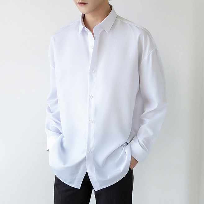 ANNYOU 남성 고급 드레이프 오버핏 긴팔 셔츠 베이직 사계절 캐주얼 데일리 셔츠