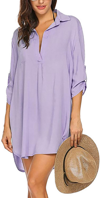 UPPERCUT 비치 원피스 비키니 커버업 셔츠 원피스 가디건 로브 시스루 박시셔츠, 퍼플