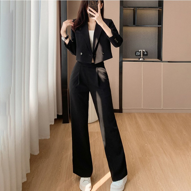 스타일닥터 여성 정장 투피스 허리조임 오피스룩 패션 상하세트 숏자켓+와이드 팬츠