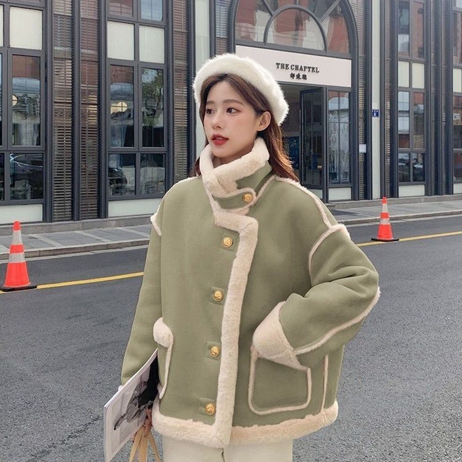 法式羊羔毛外套女 冬季加絨加厚皮毛一體棉服