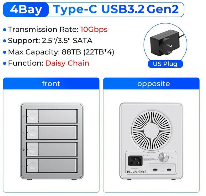 ORICO 4/5베이 10Gbps SATA HDD 도킹 스테이션 SSD 외장 케이스 2.5 3.5 하드 드라이브 USB 3.2 타입 C HD 하우스 데이지 체인, 4Bay US Plug