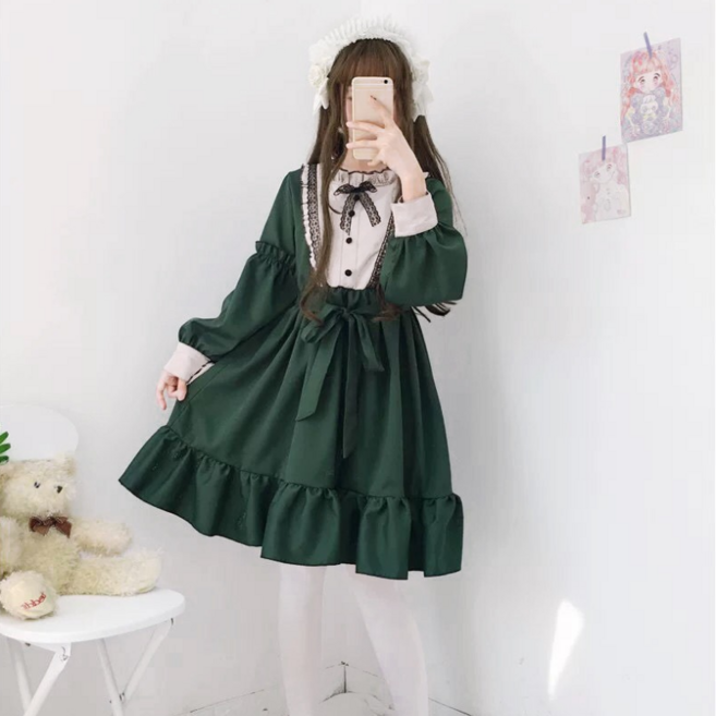 버니앤제인 고딕 로리타풍 딥그린 프릴 원피스