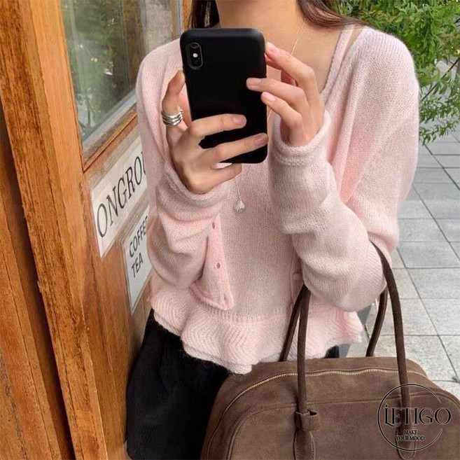 레티고 봄 데이트룩 간절기 브이넥 프릴 나시 크롭 가디건 세트