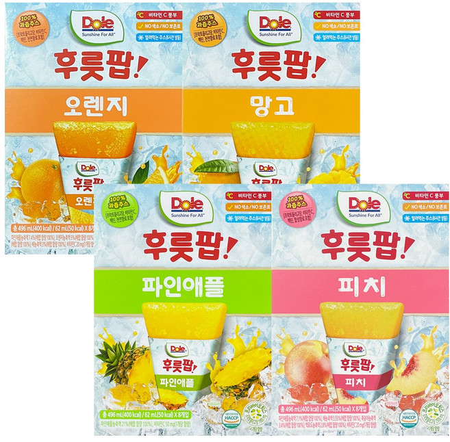 DOLE 돌후룻팝 4종혼합 32개입 (오렌지8개입 망고8개입 파인애플8개입 피치8개입), 62ml, 1세트