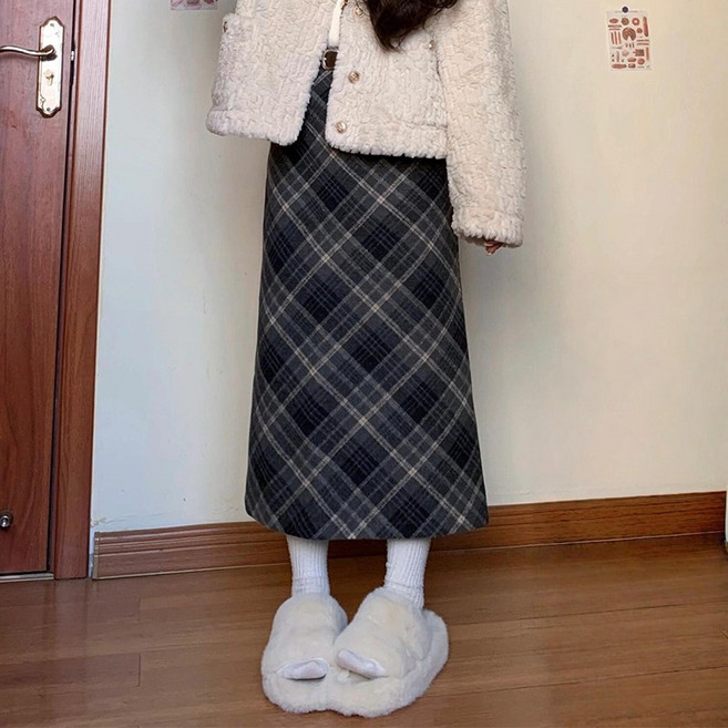 가을 겨울 여자 레트로 체크 롱 스커트 모직 밴딩 치마