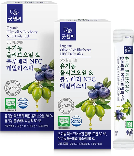 굿헬씨 유기농 올리브오일 & 블루베리 NFC 데일리스틱 14포, 2박스, 280g - 쿠팡