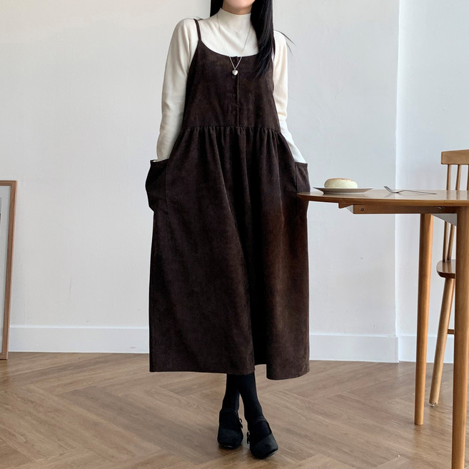 더한땀 빅사이즈 코듀로이 포켓 레이어드 원피스