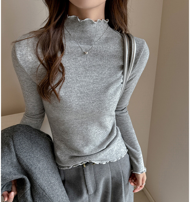 SAHINER 여성 봄 골지 슬림핏 프릴 반하이넥 긴팔 티셔츠 이너티셔츠 ATX49