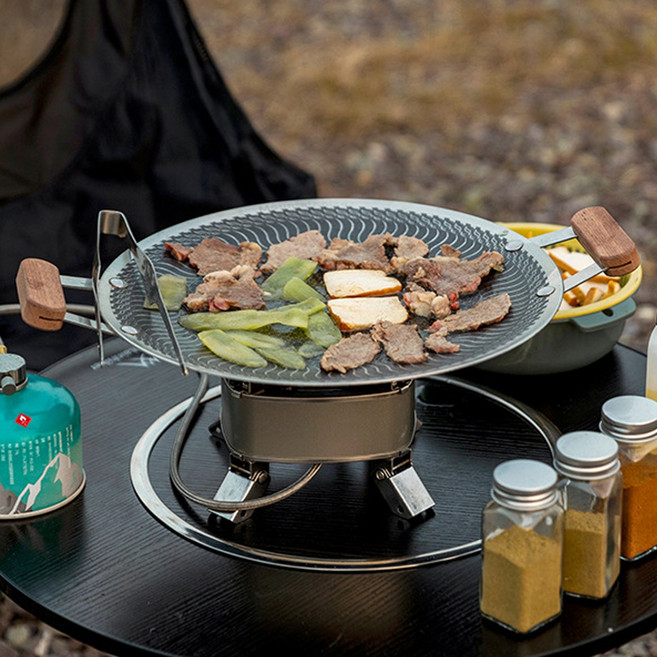 마운틴하이커 캠핑 그리들 스텐 그릴 팬 바베큐 고기 불판 원목 손잡이, 1개, 44cm