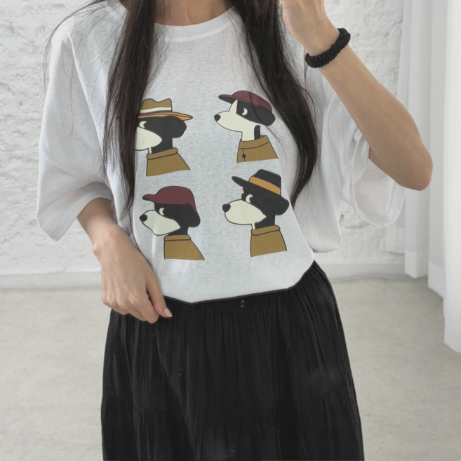 바이일이오 여성 강아지 캐릭터 프린팅 꾸안꾸룩 오버핏 여름 반팔 티셔츠