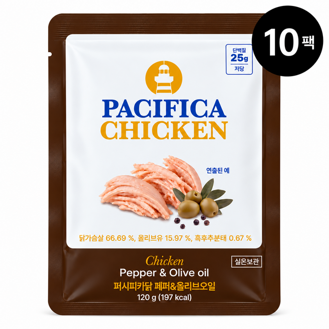 퍼시피카닭 실온보관 닭가슴살 페퍼&올리브오일, 10개, 120g