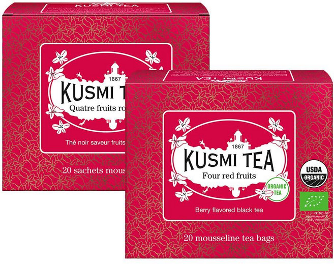 Kusmi Tea - 티백 2박스 팩 - 레드 과일 4개 - 유기농 홍차 - 딸기 라즈베리 레드커런트 및 체리로 맛 - 부드럽고 맛있는 카페인 차 - 2x20 티백, Kusmi Tea - 티백 2박스 팩 레드 과일 4개