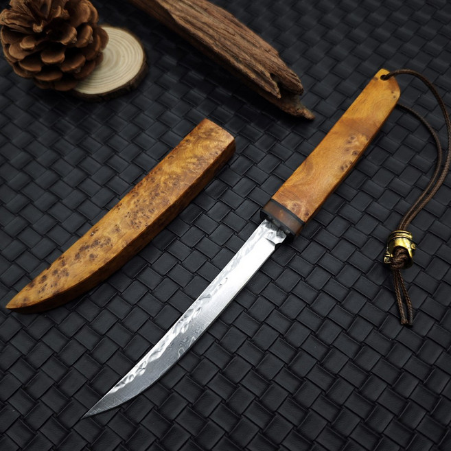 다마스커스 측백나무 K493 미니 카타나 나이프 일본 단도 캠핑 칼