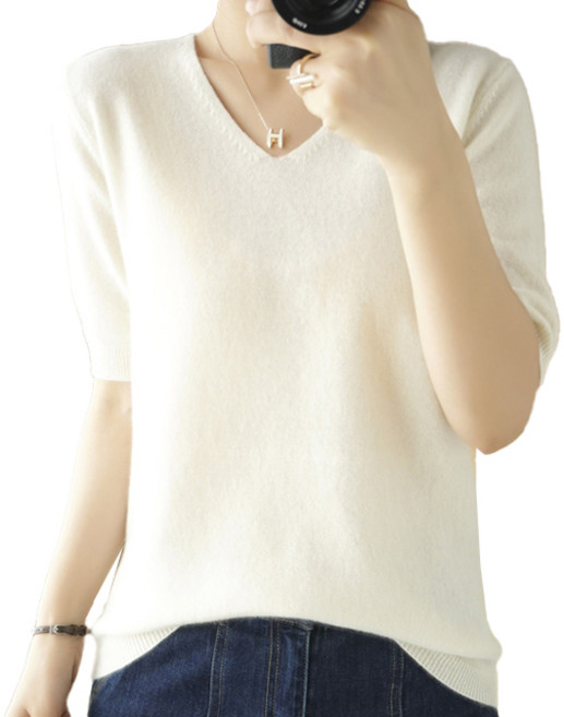 핑크셀럽 보들 브이넥 니트 반팔 티셔츠