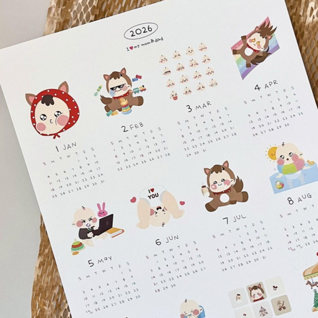 우가차차486 (2026 말띠 아기 연간 달력 1장) 임산부 말띠 임밍아웃 카드 임신 출산 선물 육아 캘린더, 1개
