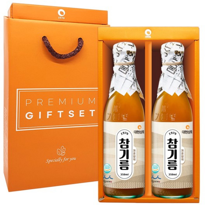50년전통 대현상회 저온압착 참기름 350ml 2병 선물세트 (선물케이스포장), 1