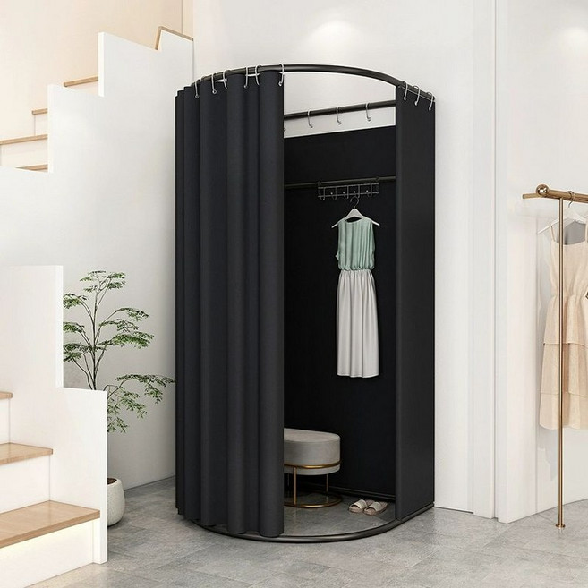 간이 피팅룸 탈의실 가림막 매장용 U자형 커튼레일, 블랙 린넨 벨벳 레이어드 1 반원형 풀세트