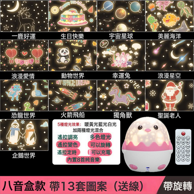 DIU 星空投影儀臥室牀頭兒童房間創意浪漫夢幻旋轉小夜燈生日禮物, 1個, 企鵝粉色八音盒遙控13圖案普通包裝:3W黃白藍三色燈光