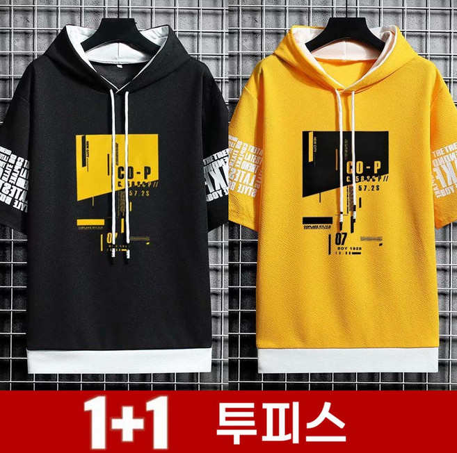 TKX 1+1 남성용 반팔 후드 티셔츠 스트릿 캐주얼 프린트 루즈핏 데일리 여름 상의