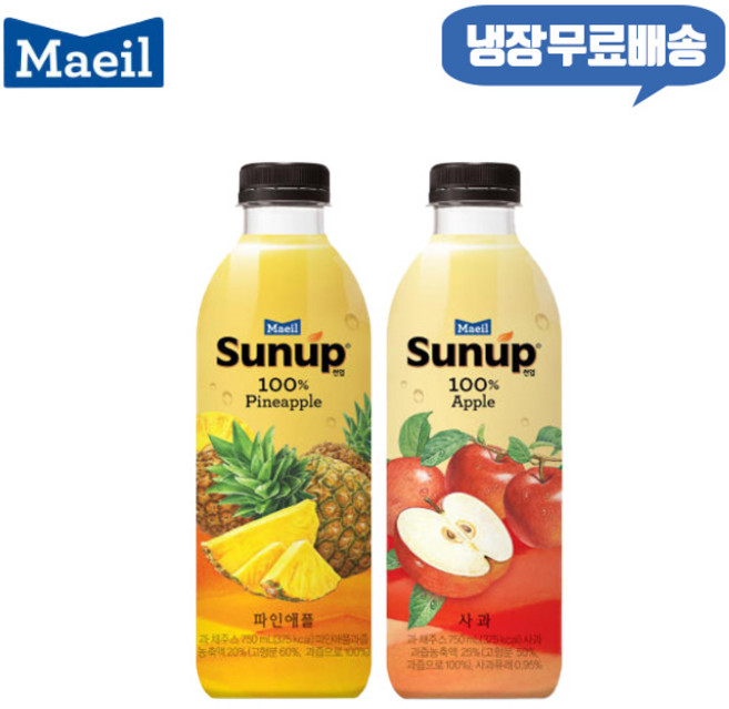 매일 썬업 100% 750ml 혼합 6개/냉장무배/파인애플3+사과3/과일주스/에이드