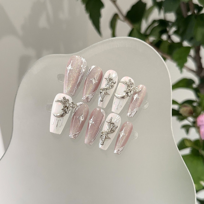 手工穿戴甲片高級感紫色彩虹貓眼美甲白色星星月亮氣質顯白假指甲, 1組, 巴黎舊約 中梯:L