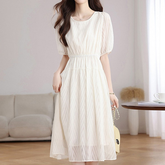 스타일아유 우아한 키작녀 라운드넥 기품 날씬해 보이는 A라인 쉬폰 원피스 여성용 OP2166