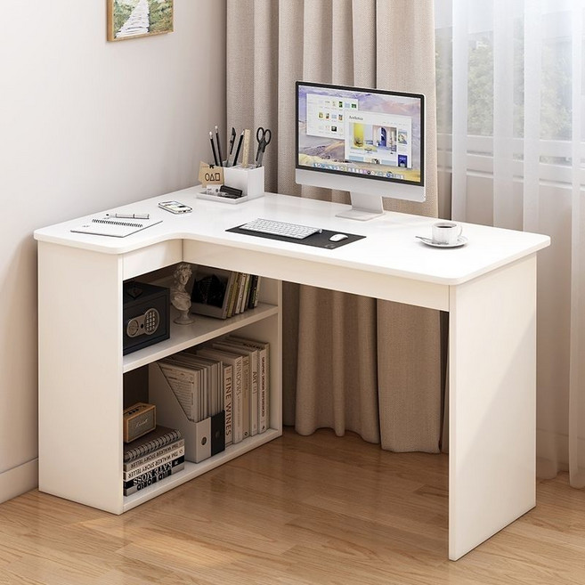 서재 사무 공부 중학생 컴퓨터 1인용 간이 미니 수납 업무용 ㄱ자 학생 책상, 화이트(왼쪽)