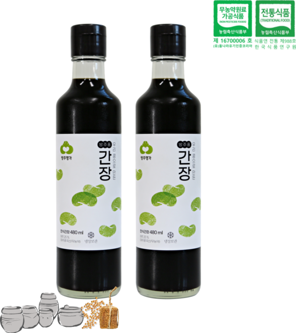 웰니스마켓 1년숙성 무농약인증 국산콩 전통 재래식 간장, 480ml, 2개