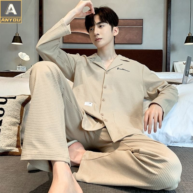 ANYOU 남성 빅사이즈 긴팔 파자마 세트 편안한 홈웨어 잠옷 실내복