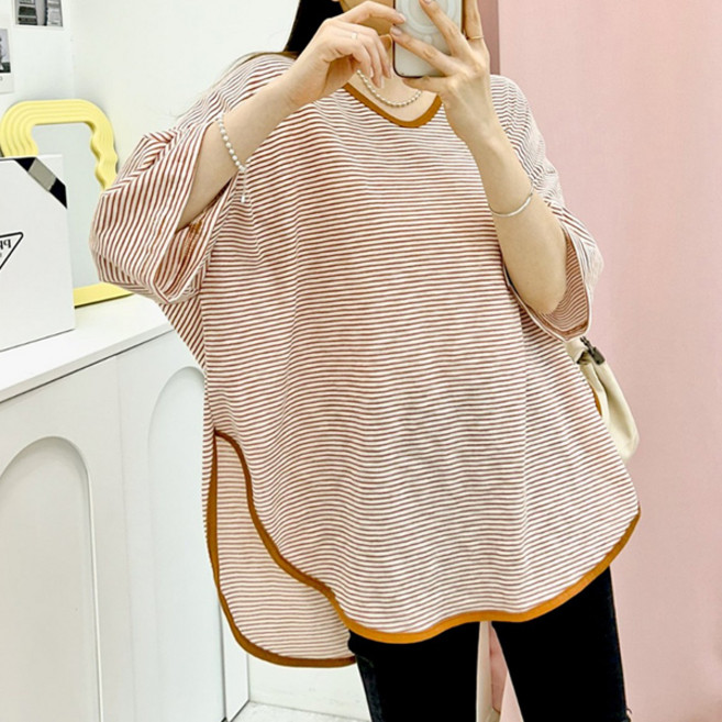 마이쏭 여성 빅사이즈 루즈핏 반팔티 여리여리 둥근브이넥단가라박스티